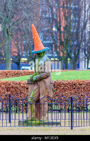 Glasgow, Scotland, UK. 26th January, 2018. The Statue of James Watt in front of the People's Palace in Glasgow Green gets the Glasgow treatment with the addition of an orange traffic cone placed on his head. A coned statue now reflects the mischievous humour and the spirit of the city's residents. James Watt (1736 - 1819) was born in Greenock and became a Scottish inventor, mechanical engineer and a chemist famous for his Watt steam engine. Credit: Skully/Alamy Live News Stock Photo