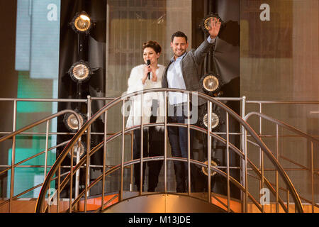 Borehamwood, England, UK 26 January 2018. Presenter Emma Willis  with Andrew Brady who was evicted during the Celebrity Big Brother live eviction at Elstree Studios Credit:  Laura De Meo / Alamy Live News Stock Photo