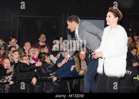 Borehamwood, England, UK 26 January 2018. Presenter Emma Willis  with Andrew Brady who was evicted during the Celebrity Big Brother live eviction at Elstree Studios Credit:  Laura De Meo / Alamy Live News Stock Photo