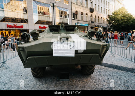 Prague,  Czech Republic - August 18, 2017: Old Soviet tank in exhibition in Wenceslas Square about Prague Spring and Soviet Union invasion Stock Photo