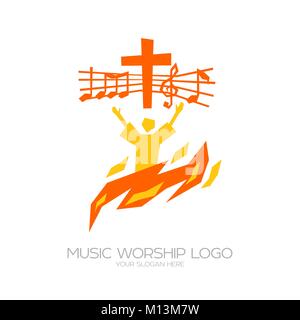Music logo. Christian symbols. The believer worships Jesus Christ, sings the glory to God Stock Vector