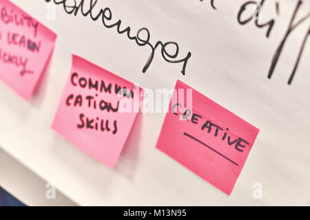 Creative written on pink paper stickers attached to a flip chart Stock Photo