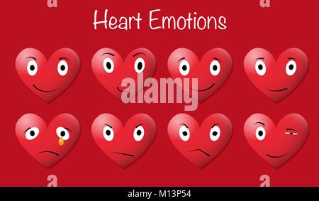Eight heart emoticons with various expression on red background Stock Vector