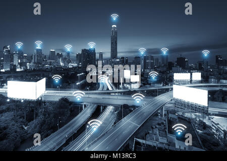 Wifi network business conection system on Bangkok city in background. Wifi technology and conection concept Stock Photo