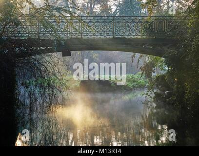 France, Hauts de Seine, Neuilly, A bridge over a lake of the Parc de Bagatelle Stock Photo