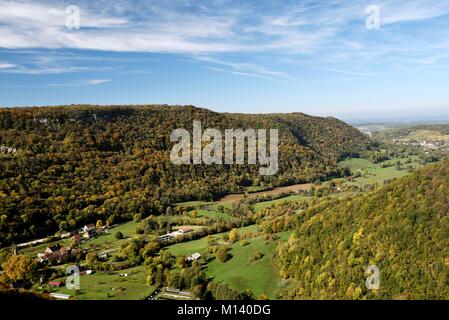 France, Jura, La Chatelaine, circus Fer à Cheval, Belvedere la Chatelaine, the remote, above the Grotte des Planches in Les Planches Pres Arbois, source of the great Cuisance, on the right Mesnay Stock Photo