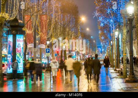 France, Paris, the Champs Elysees and Christmas holiday illuminations Stock Photo