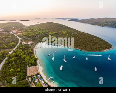 Croatia, North Dalmatia, Dalmatian coast, Zadar archipelago, Dugi Otok Island, camping Verunic (aerial view) Stock Photo