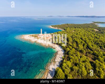 Croatia, North Dalmatia, Dalmatian coast, Zadar archipelago, Dugi Otok Island, Veli Rat lighthouse (aerial view) Stock Photo