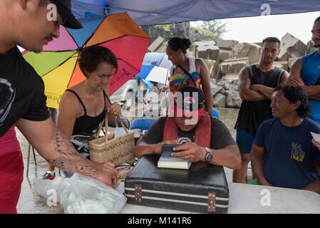 France, French Polynesia, Marquesas Archipelago, Fatu Hiva Island, Omoa, cruise aboard the Aranui 5, delivery of goods Stock Photo