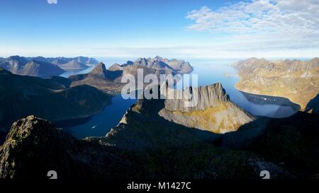 Norway, Troms County, north of the Arctic Circle, Senja island between Tromso and the Lofoten islands, view from the summit of Grytetippen (885m) on Fjordgard village, Husoy island, mount Segla and the fjords of Mefjord and Oyfjord Stock Photo