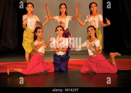 Cambodia, Battambang, young khmer dancers in traditional dress during a Phare circus performance Stock Photo