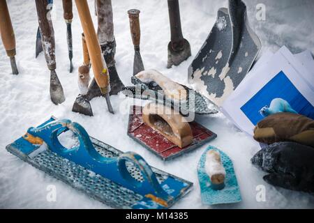 France, Savoie, Tarentaise valley, Vanoise massif, Arcs 2000 ski resort, tools of sculptors on snow and ice of the village-igloo, during the winter season 2017-2018 Stock Photo