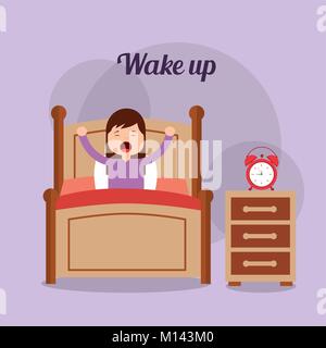 girl in his bed with clock bedside table wake up Stock Vector