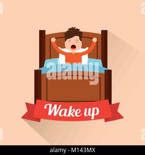 wake up little boy stretching in the bed Stock Vector