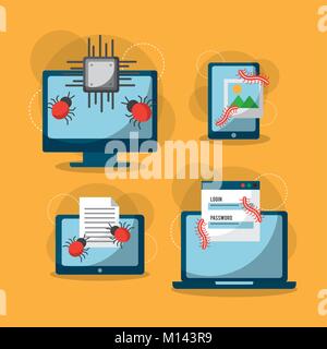 set of spectre and meltdown cyber crime virus digital protection attack icons Stock Vector
