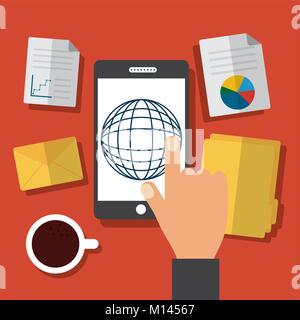 hand man with mobile globe connection business office icons Stock Vector