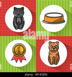 pet cats animal with bowl food and medal winner Stock Vector