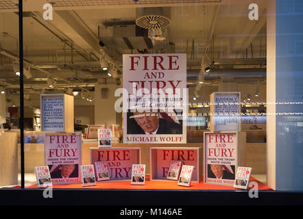 Michael Wolffe's book about Donald Trump, Fire And Fury is featured as a bestseller in the window of Foyles bookshop, on 15th January 2018, on Charing Cross Road, London, England. Stock Photo