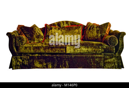 Luxurious green velvet sofa Isolated on white with clipping path Stock Photo
