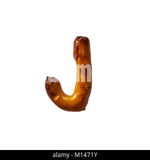 Pretzel Letter J Isolated On White Background Macro Shot Manually Detoured Stock Photo