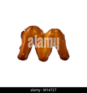 Pretzel Letter M Isolated On White Background Macro Shot Manually Detoured Stock Photo