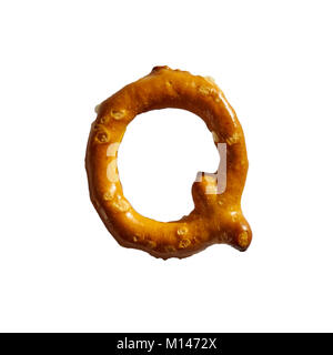 Pretzel Letter Q Isolated On White Background Macro Shot Manually Detoured Stock Photo