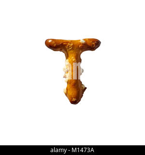 Pretzel Letter T Isolated On White Background Macro Shot Manually Detoured Stock Photo