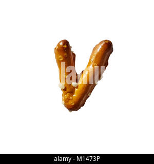 Pretzel Letter V Isolated On White Background Macro Shot Manually Detoured Stock Photo