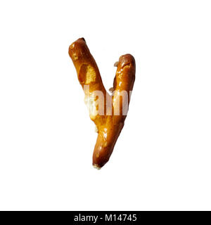 Pretzel Letter Y Isolated On White Background Macro Shot Manually Detoured Stock Photo