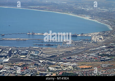 View of Cape Town Harbour from the top of Table Mountain, Western Cape, South Africa. Stock Photo