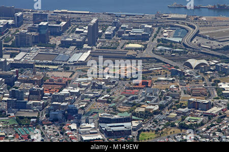 View of Cape Town Railway Station, Harbour, Nelson Mandela Blvd and F W De Klerk Blvd from top of Table Mountain, Western Cape, South Africa. Stock Photo