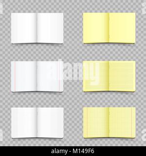White and yellow school in a ruler and in a cell notepads set with shadow on transparent background. Student copybook template. Homework exercise empt Stock Vector