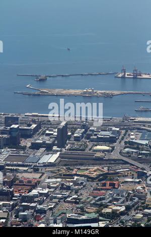 View of Cape Town Railway Station, Harbour, Nelson Mandela Blvd and F W De Klerk Blvd from top of Table Mountain, Western Cape, South Africa.