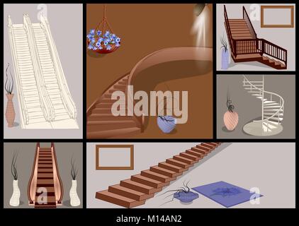 stairs and vases set. escalator and stairs with decor Stock Vector