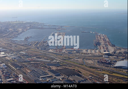 Helicopter view of Cape Town Harbour looking toward Stadium, Western Cape, South Africa.