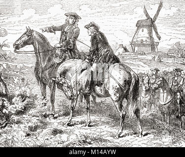 The Duke of Marlborough at The Battle of Malplaquet,11 September 1709.  General John Churchill, 1st Duke of Marlborough, 1st Prince of Mindelheim, 1st Count of Nellenburg, Prince of the Holy Roman Empire, 1650 – 1722.  English soldier and statesman.  From Ward and Lock's Illustrated History of the World, published c.1882. Stock Photo
