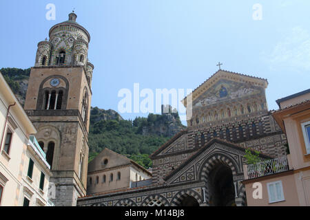 A turret/tower and the front entrance of the Amalfi Cathedral, Piazza del Duomo, Amalfi, Italy. Stock Photo