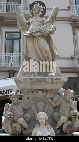 Italy Campania Amalfi Fountain and Statue of Saint Andrew in front of 9th century Amalfi Cathedral, Amalfi, Italy. Stock Photo