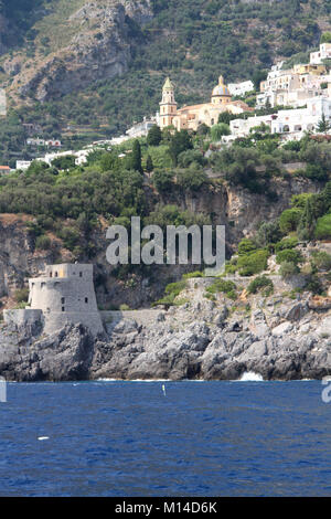 Praiano and the San Gennaro Church, Coast of Amalfi, Salerno, Campania, Italy, seen from boat ride. Stock Photo