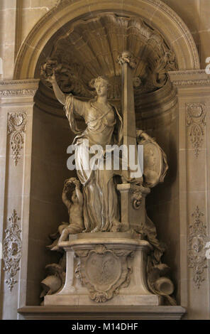 Statue of Glory holding a portrait of Louis XV in the hall by Antoine Vasse, Versailles Palace, Ile-De-France, France. Stock Photo