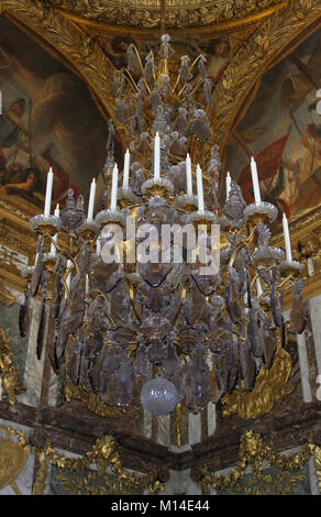 Chandelier in ceiling corner in the Hall of Mirrors, Versailles Palace, Ile-De-France, France. Stock Photo