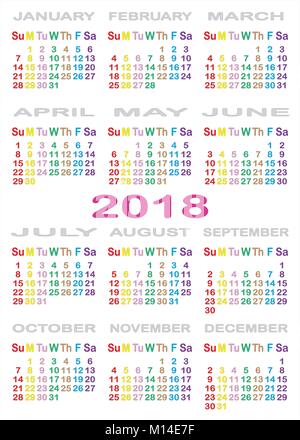 CALENDAR 2018 SEPARATED ON WHITE BACKGROUND with specific color for each day of the week Stock Vector