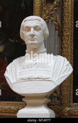 Marble bust of Antoine of Burgundy, Duke of Limburg & Brabant by Pierre Simart in the Gallery of Battles, Versailles Palace, Ile-De-France, France. Stock Photo