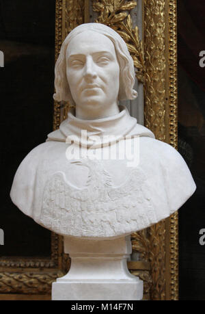 Marble bust of French Admiral Jean de Vienne by Francisque Duret in the Gallery of Battles, Versailles Palace, Ile-De-France, France. Stock Photo