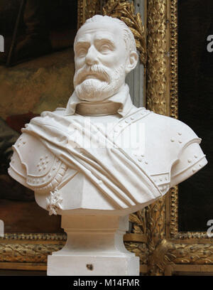 Marble bust of Armand de Gontaut, Lord of Biron, Marshal of France by Jean-Baptiste Joseph Debay in the Gallery of Battles, Versailles Palace, Ile-De- Stock Photo