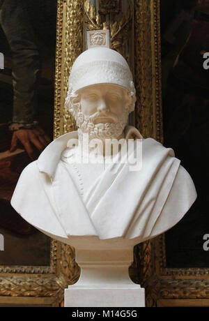 Marble bust of Jacques Christophe Coquille Dugommier Commander in Chief by Antoine-Denis Chaudet in the Gallery of Battles, Versailles Palace, Ile-De- Stock Photo