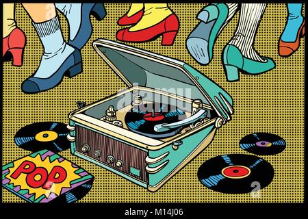 retro dancing gramophone. a music party. disco men and women. Comic book cartoon pop art illustration retro drawing Stock Vector