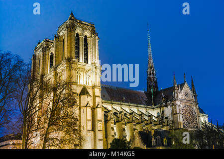 Paris, France: Night view of the Cathedral Notre Dame de Paris beyound empty tree branches during winter times. Stock Photo