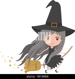 cute witch flying with broom colorful and trace of stars on white background Stock Vector